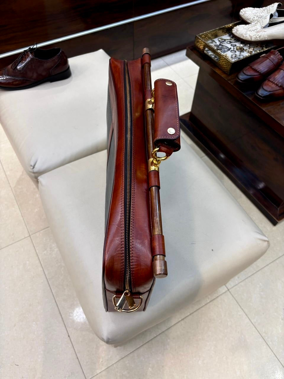 Tan & Olive Green Laptop Bag with Brass Fitting