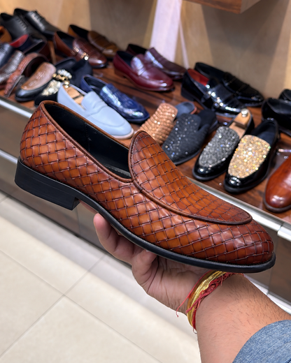 Burnished Tan Hand-woven Leather Belgian Loafers