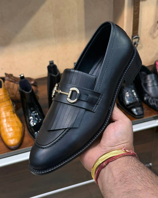 Black Fringe Horsebit Loafers with Red Bottom Sole