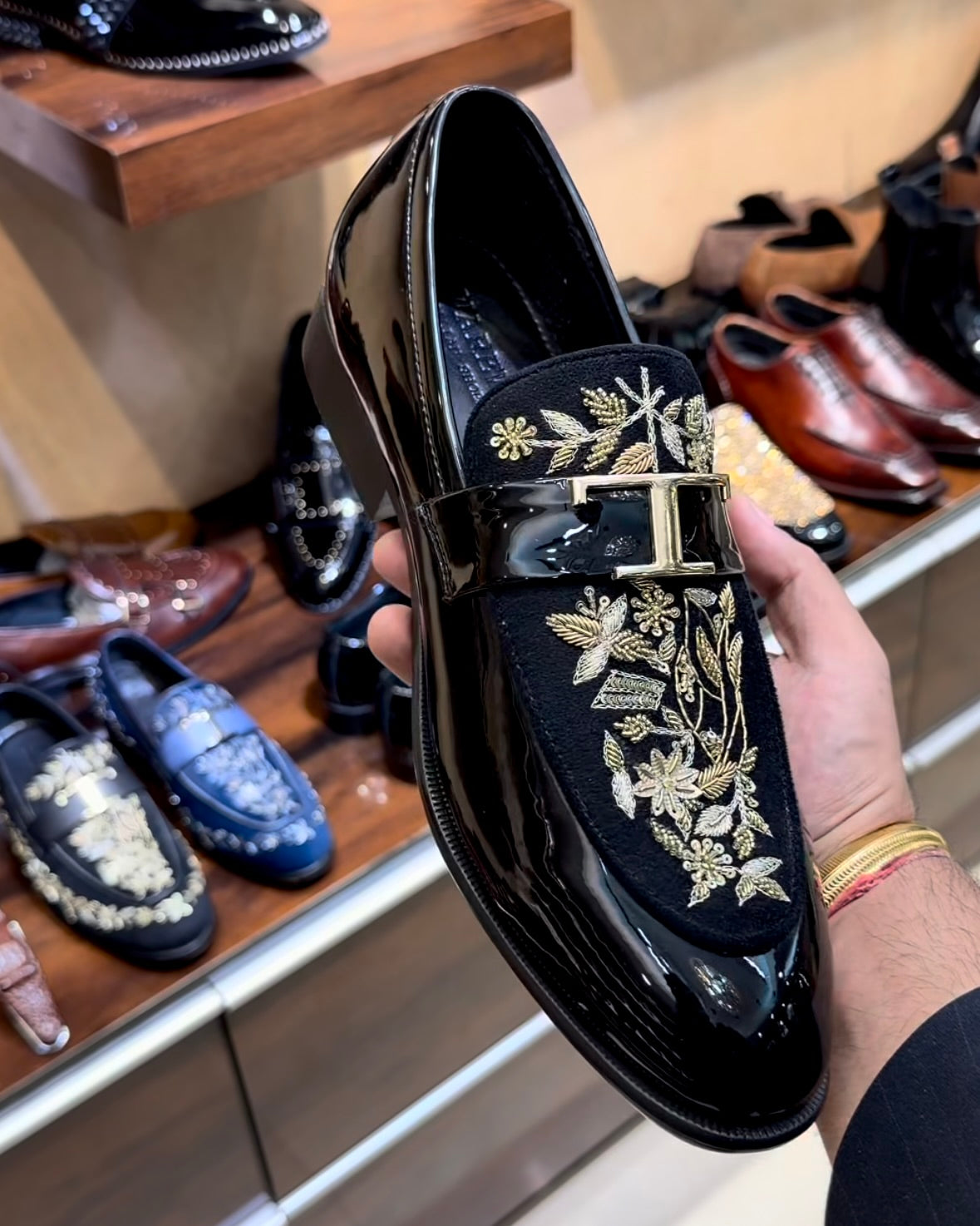 Black Patent Leather Gold Hand-embroidered Spectator Loafers