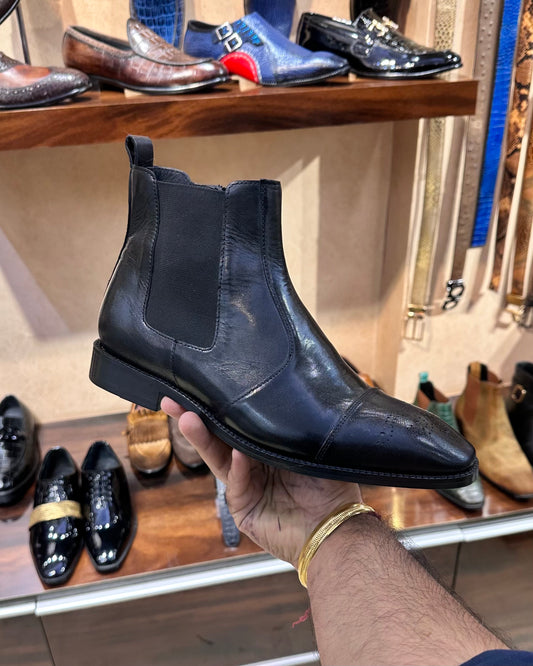 Classic Black Calf Leather Zipper Boots