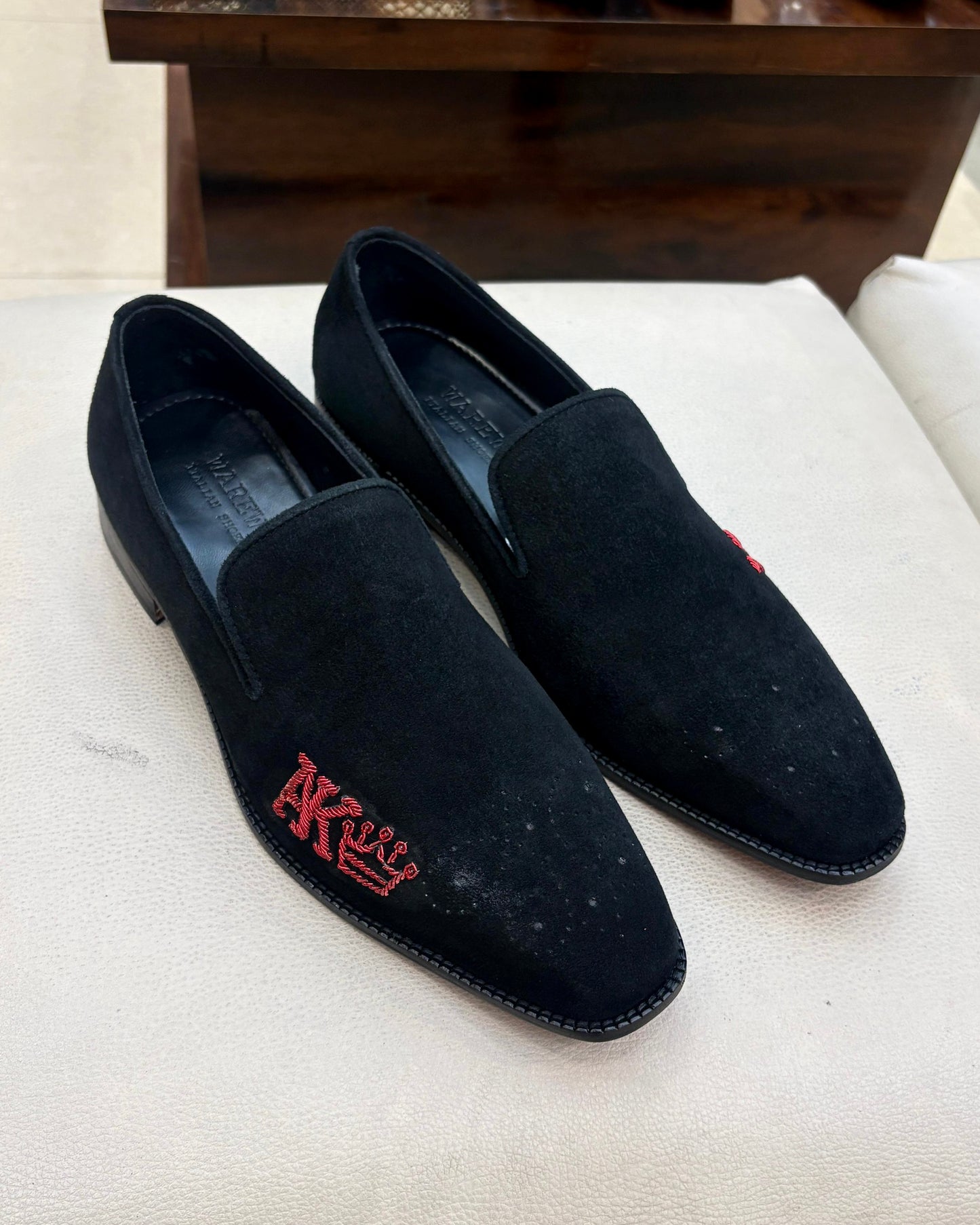 Black Suede Venetian Loafers with “AK 13” Initials