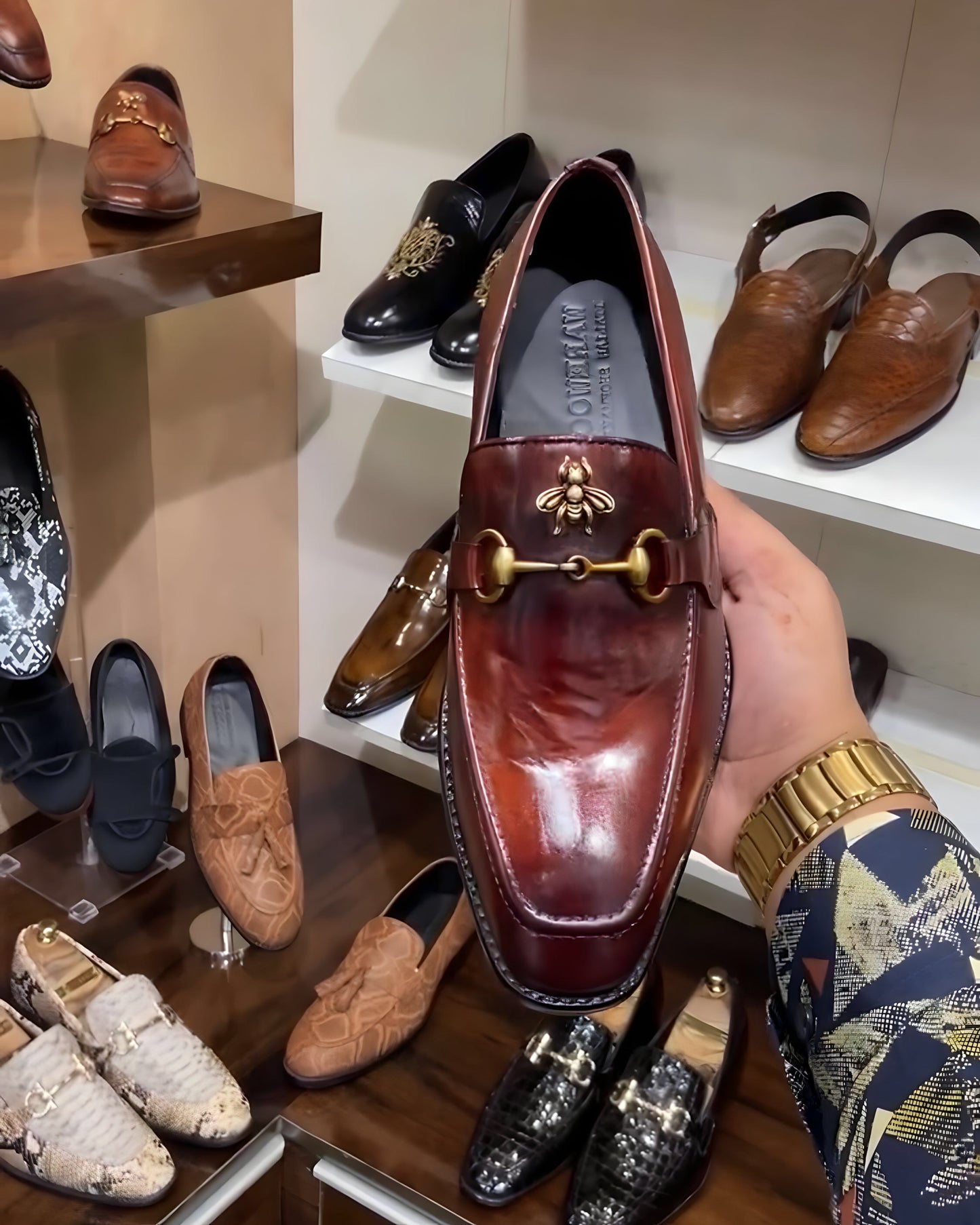 Cognac Patina Bee Moccasins
