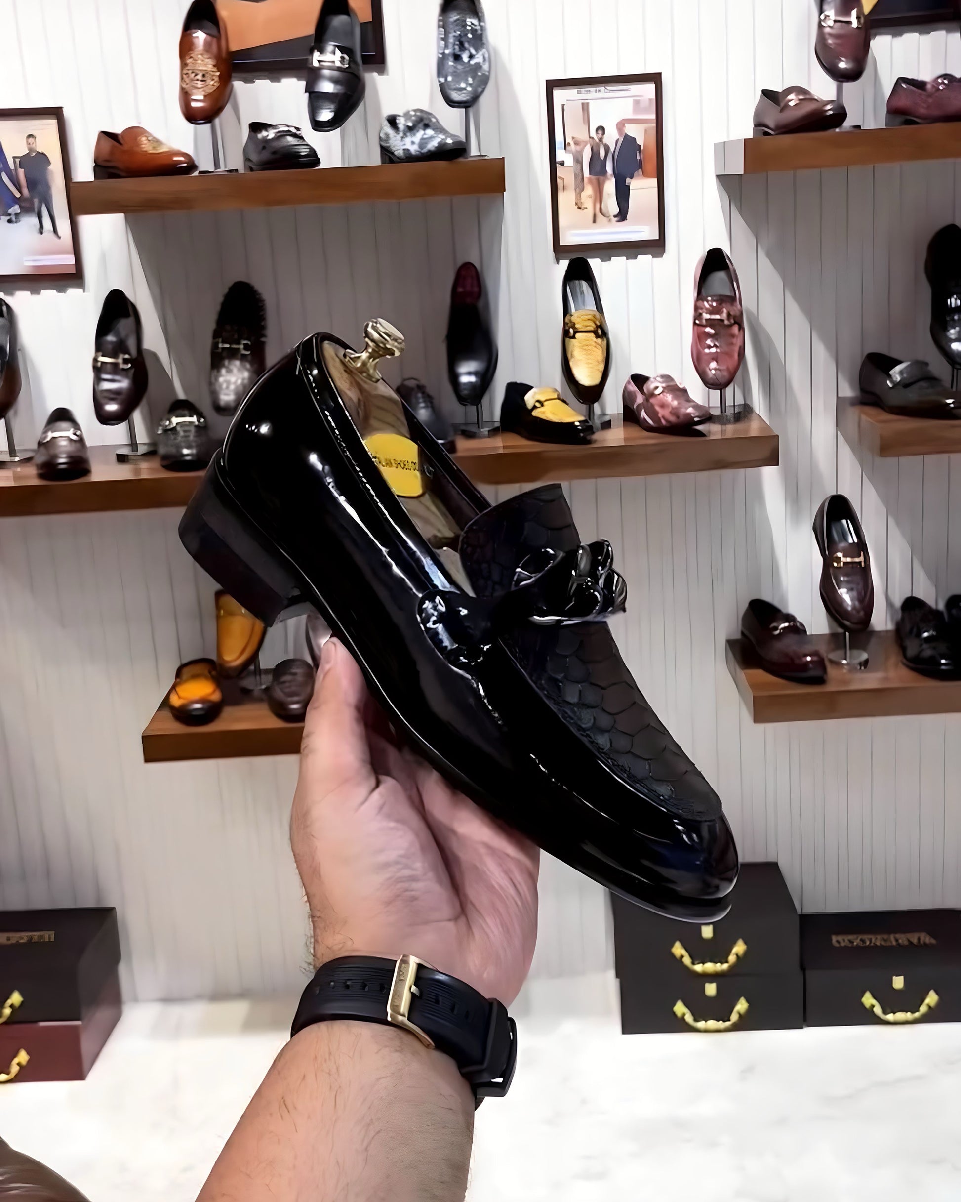 Black Patent Cobra Scaled Loafers with Chain Buckle UK