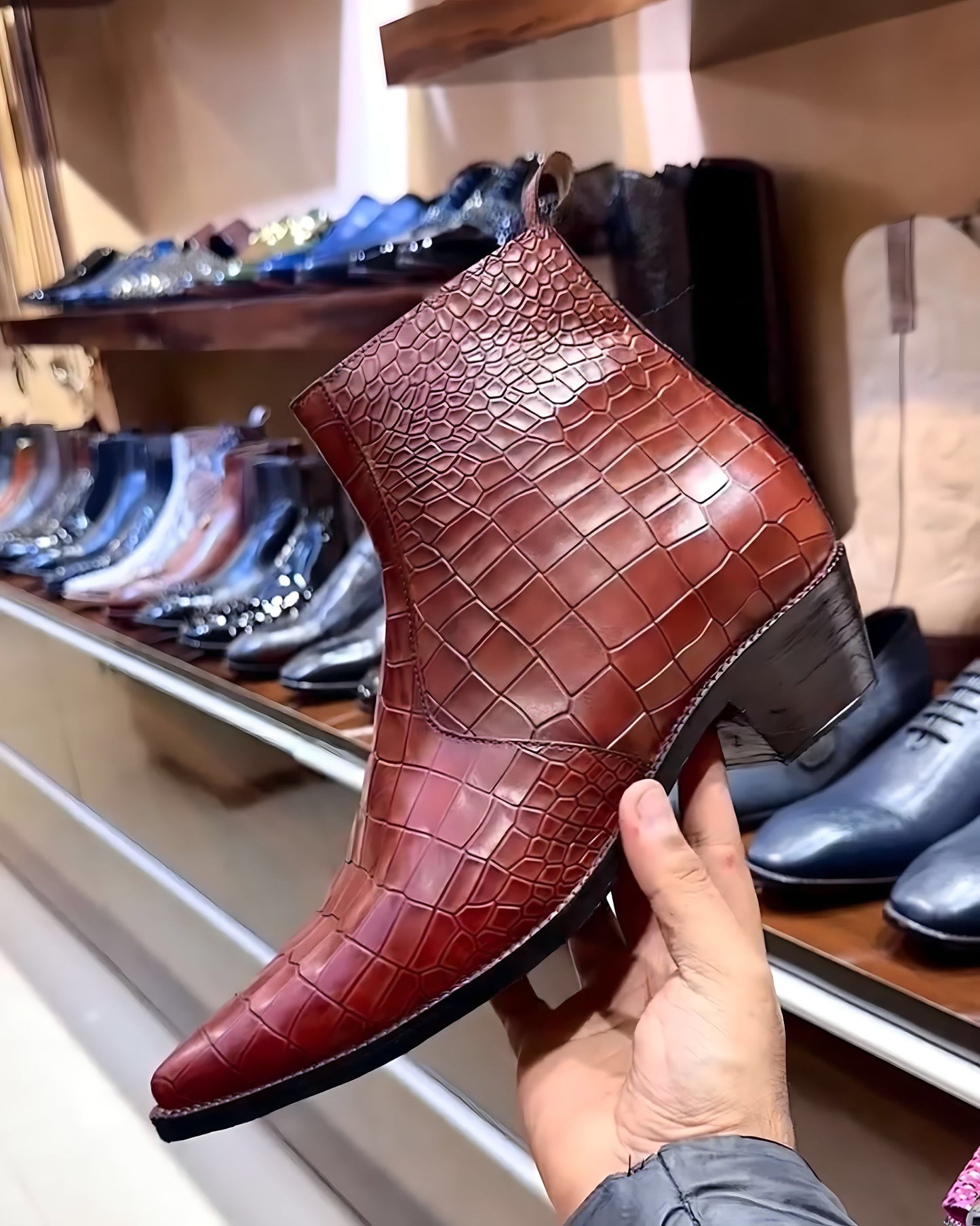 Italian Croc Cowboy Boots with Cuban Heel in Tan Shade