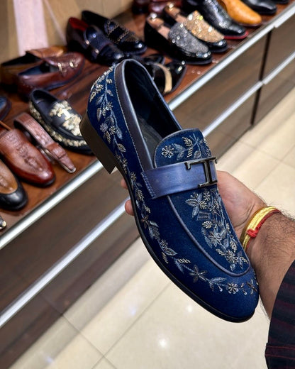 Blue Suede Silver T-Bit Hand-embroidered Loafers