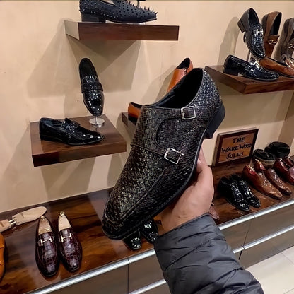 Black Braided Leather Double Monks