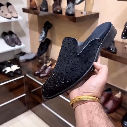 Black Suede Embroidery Mules