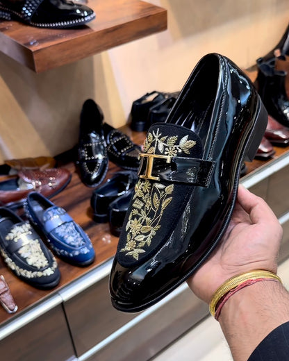 Black Patent Leather Gold Hand-embroidered Spectator Loafers