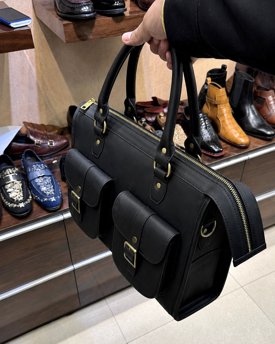 Black Calfskin Leather Business Laptop Bag