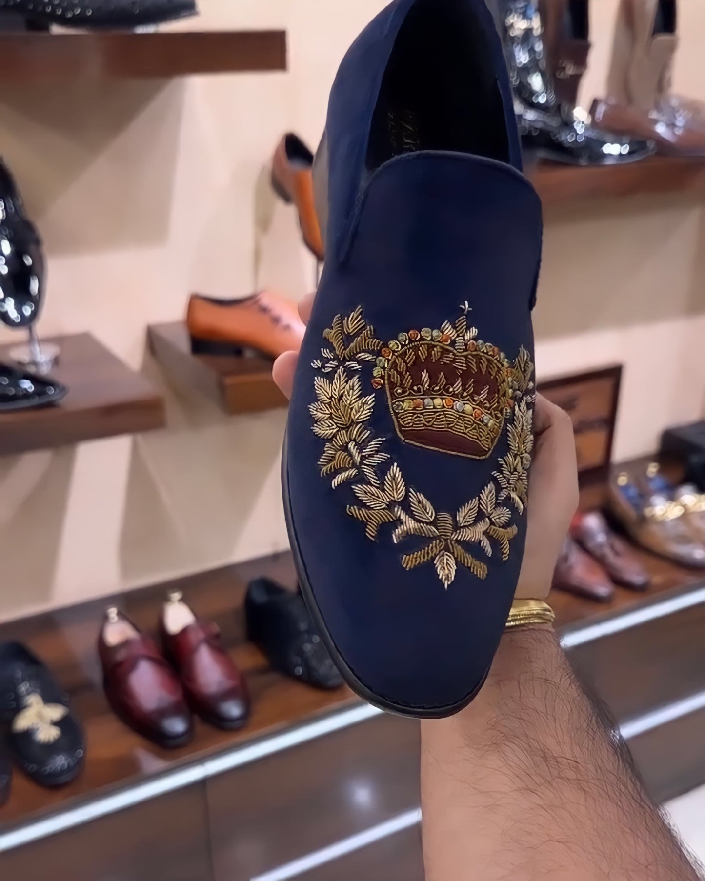 Navy Suede Crown Embroidery Slip-ons