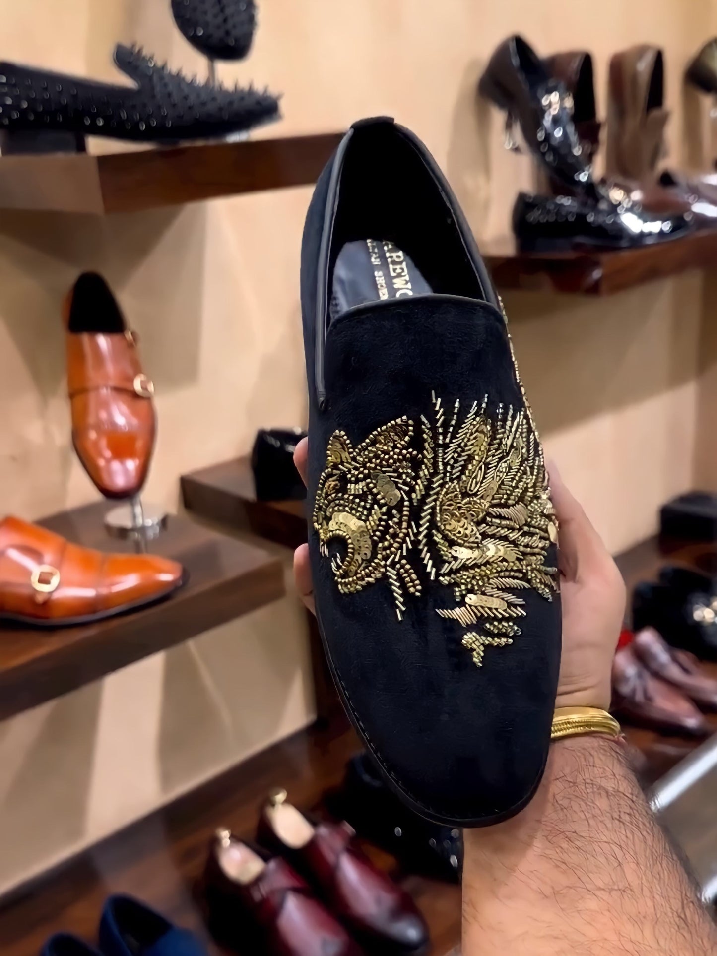 Gold Tiger Embroidery on Black Suede Moccasins