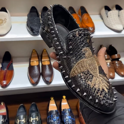 Exotic Grey Snake Foil Studded Bird Moccasins