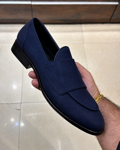 Navy Blue Suede Double Monk Strap Loafers