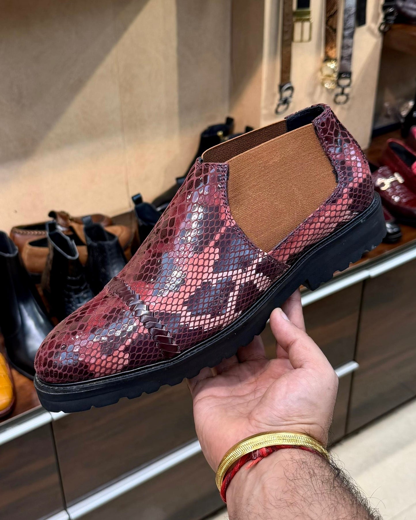 Exotic Burgundy Snake Pattern Low-top Chelsea Boots with Lug Sole