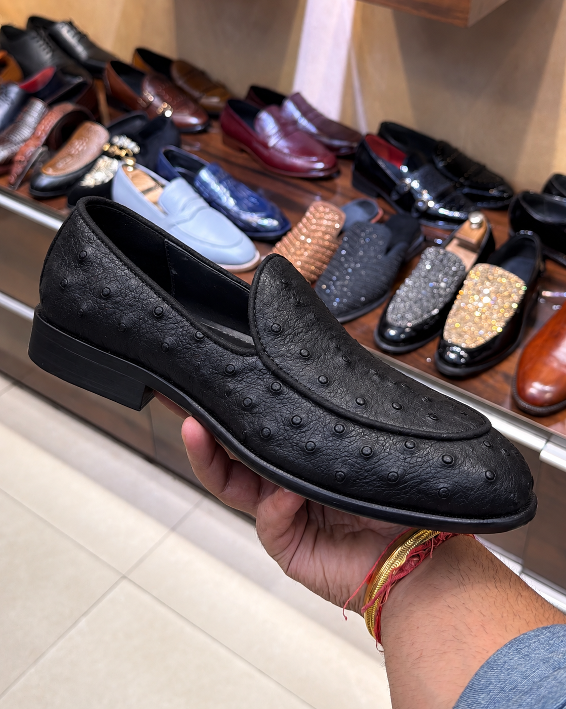 Black Real Ostrich Skin Belgian Loafers