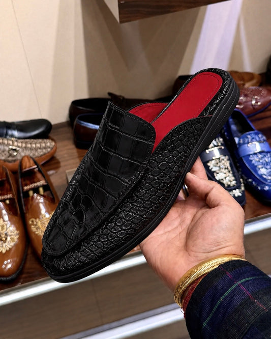 Exotic Black Crocodile Scaled Mules With Red Interior