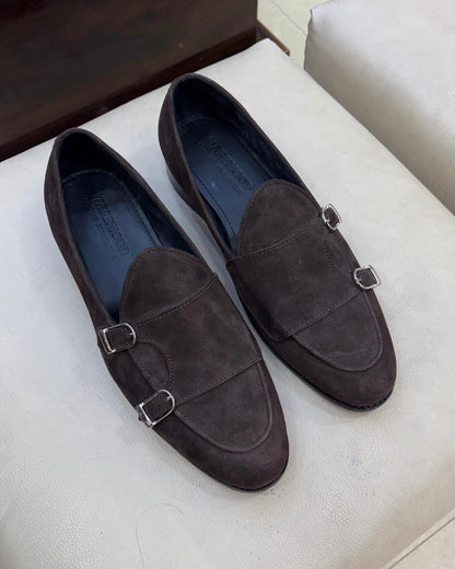 Classic Brown Suede Double Monk Italian Loafers