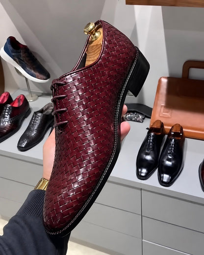 Burgundy Hand-Woven Leather Wholecut Oxfords