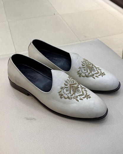 Ivory Crust Leather Hand-embroidered Mojaris with Brown Sole
