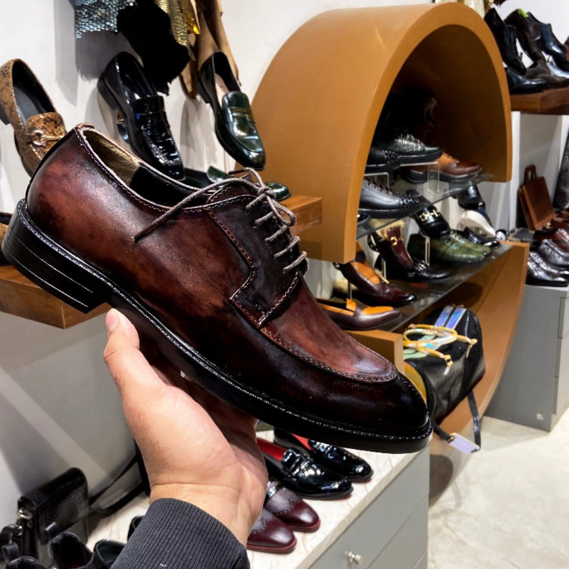 Burnished Brown Patina Split Toe Derbies