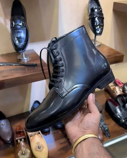 Black Derby Dress Boots in Smooth Calf Leather