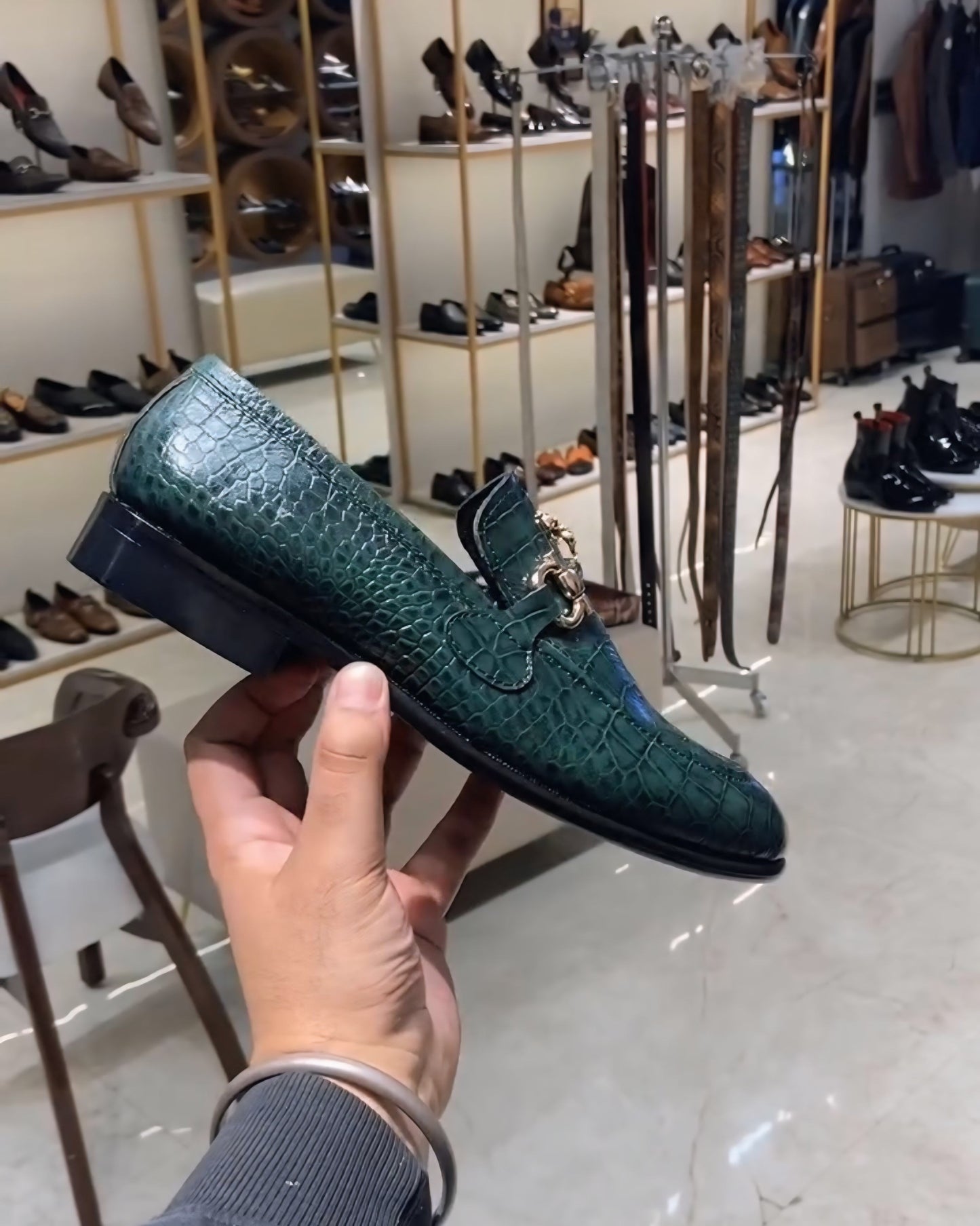 Green Crocodile Scaled Moccasins with Bee