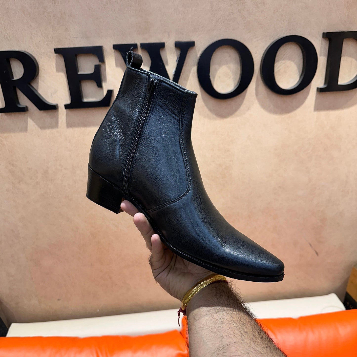 Black Calf Skin Leather Zipper Boots