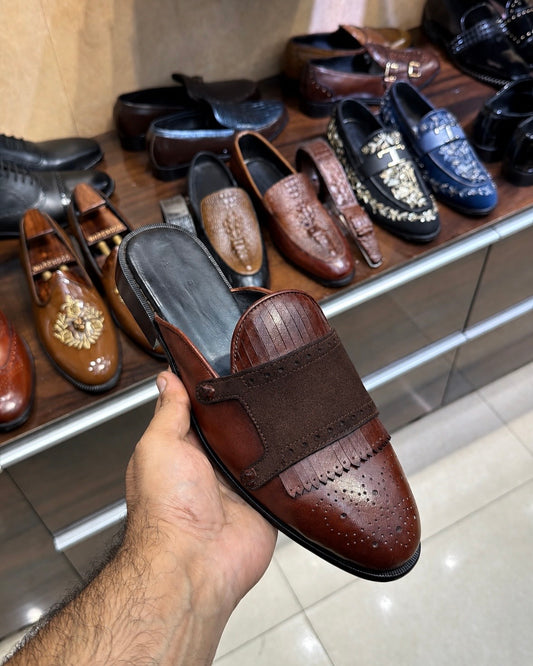 Cognac Brown And Dark Brown Suede Fringe Mules