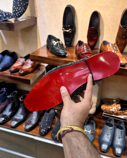 Black Suede Diamond Studded Oxfords With Red Bottom
