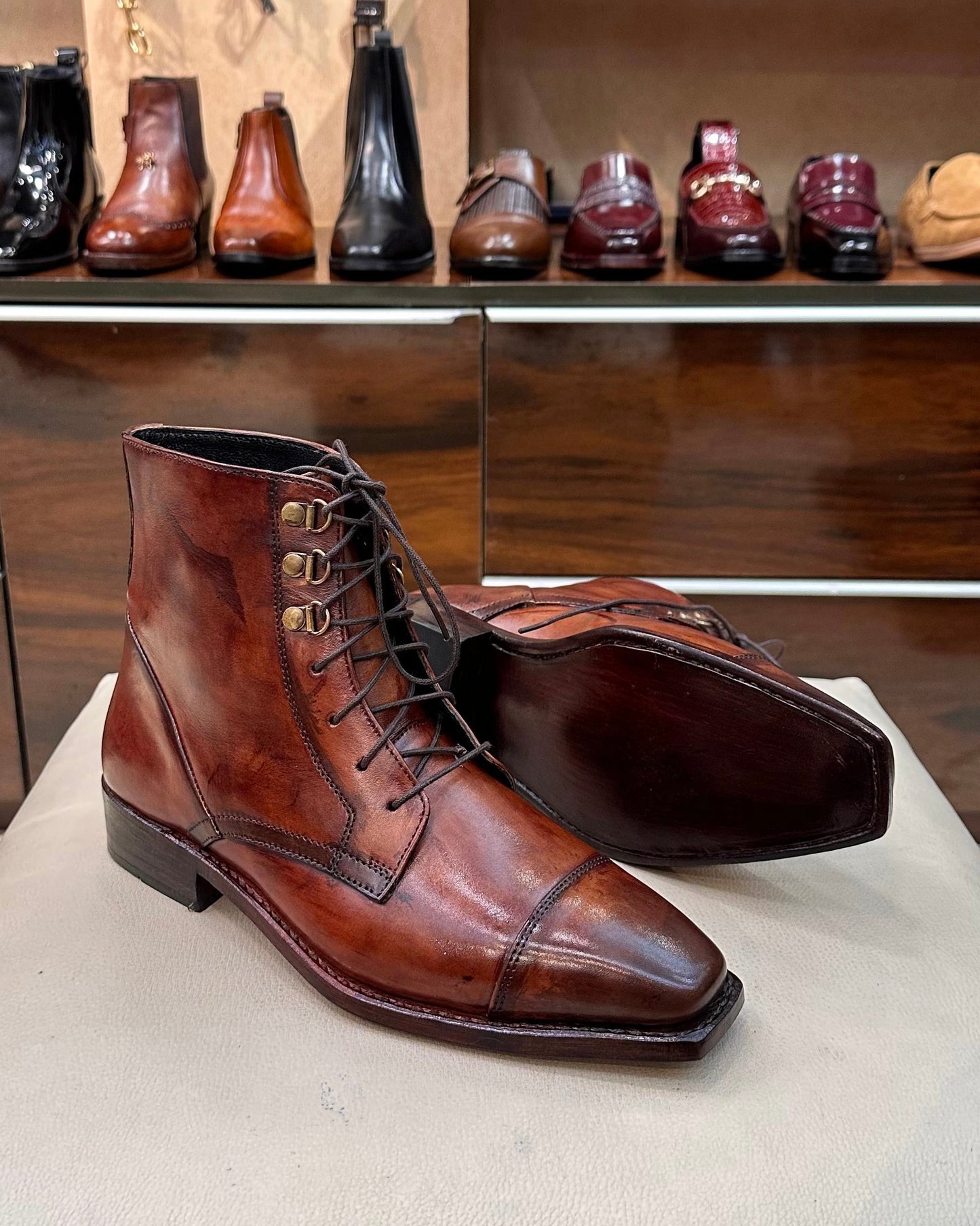 Burnished Brown Patina Derby Cap Toe Boots - Goodyear Welted