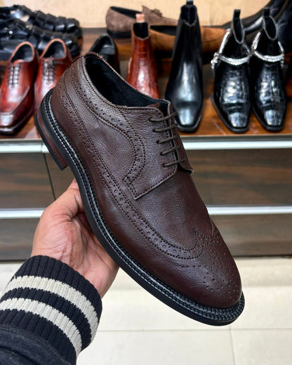 Brown Longwing Derby Shoes with Brown Wood-Finish Heel and Dainite Sole