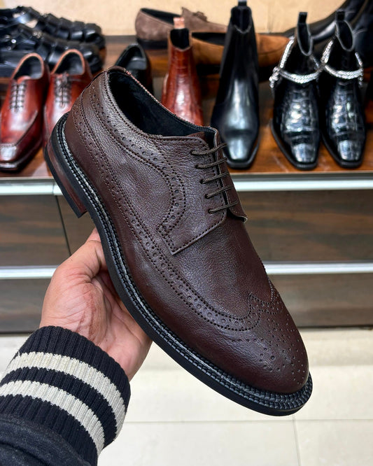 Brown Longwing Derby Shoes with Brown Wood-Finish Heel and Dainite Sole