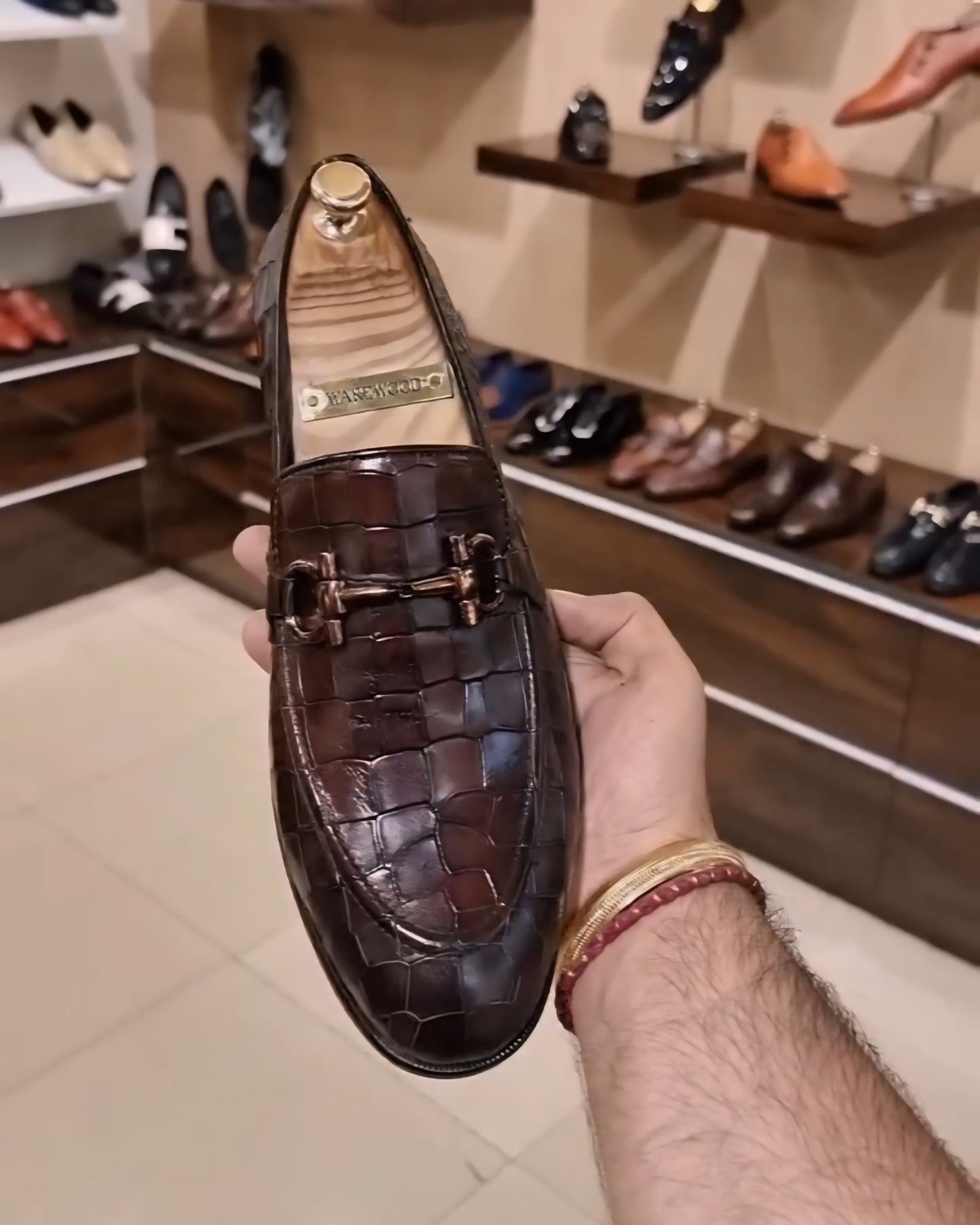 Hand-burnished Crocodile Scaled Moccasins - Brown