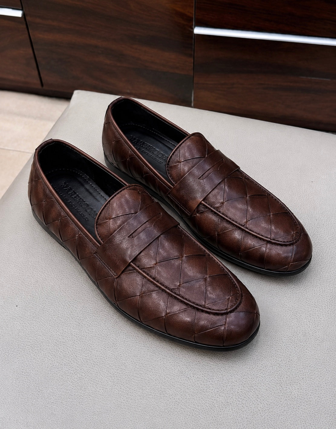 Brown Woven Driving Penny Loafers
