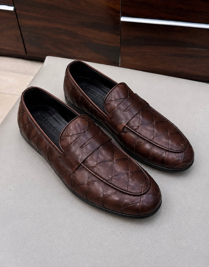 Brown Woven Driving Penny Loafers
