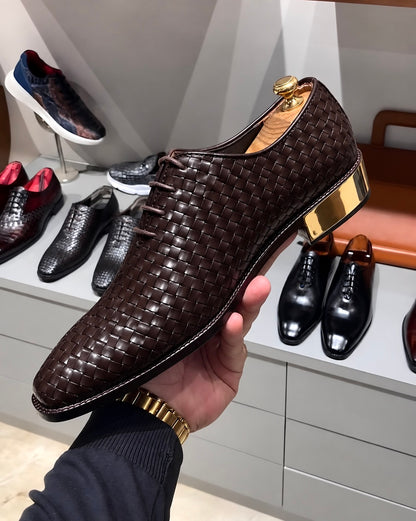 Brown Hand-Woven Leather Oxfords With Gold Heel