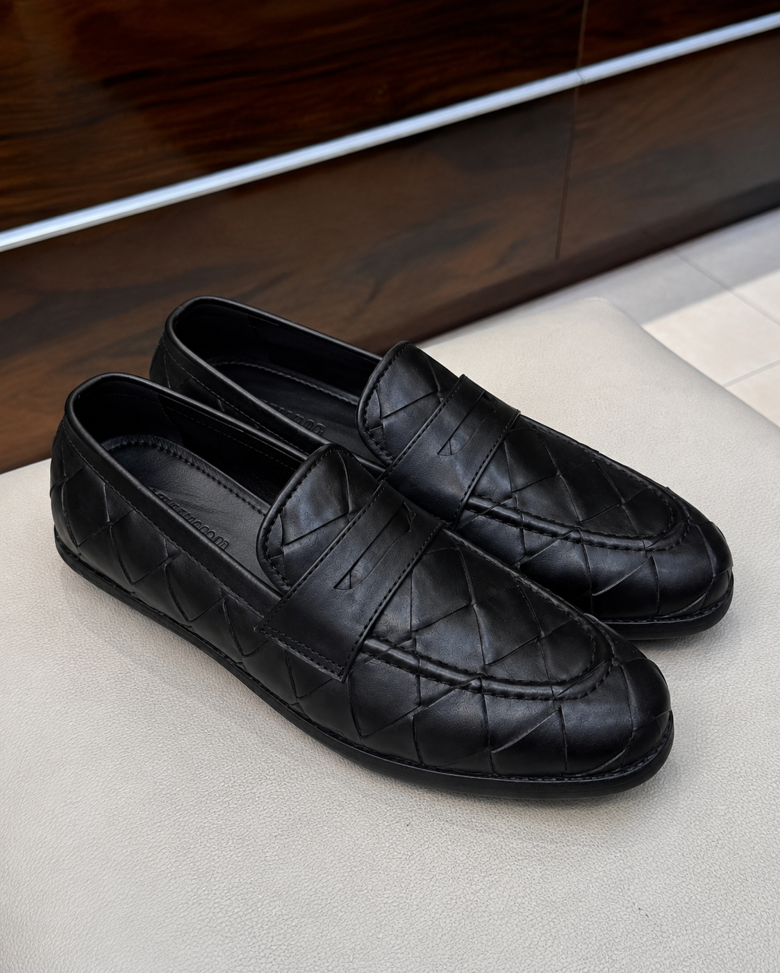 Black Woven Driving Penny Loafers