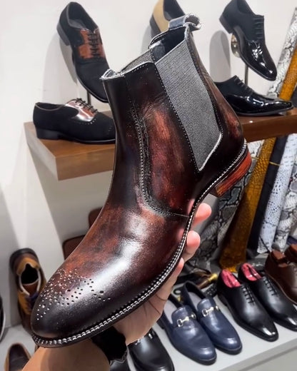Burnished Brown Patina Italian Crust Leather Chelsea Boots