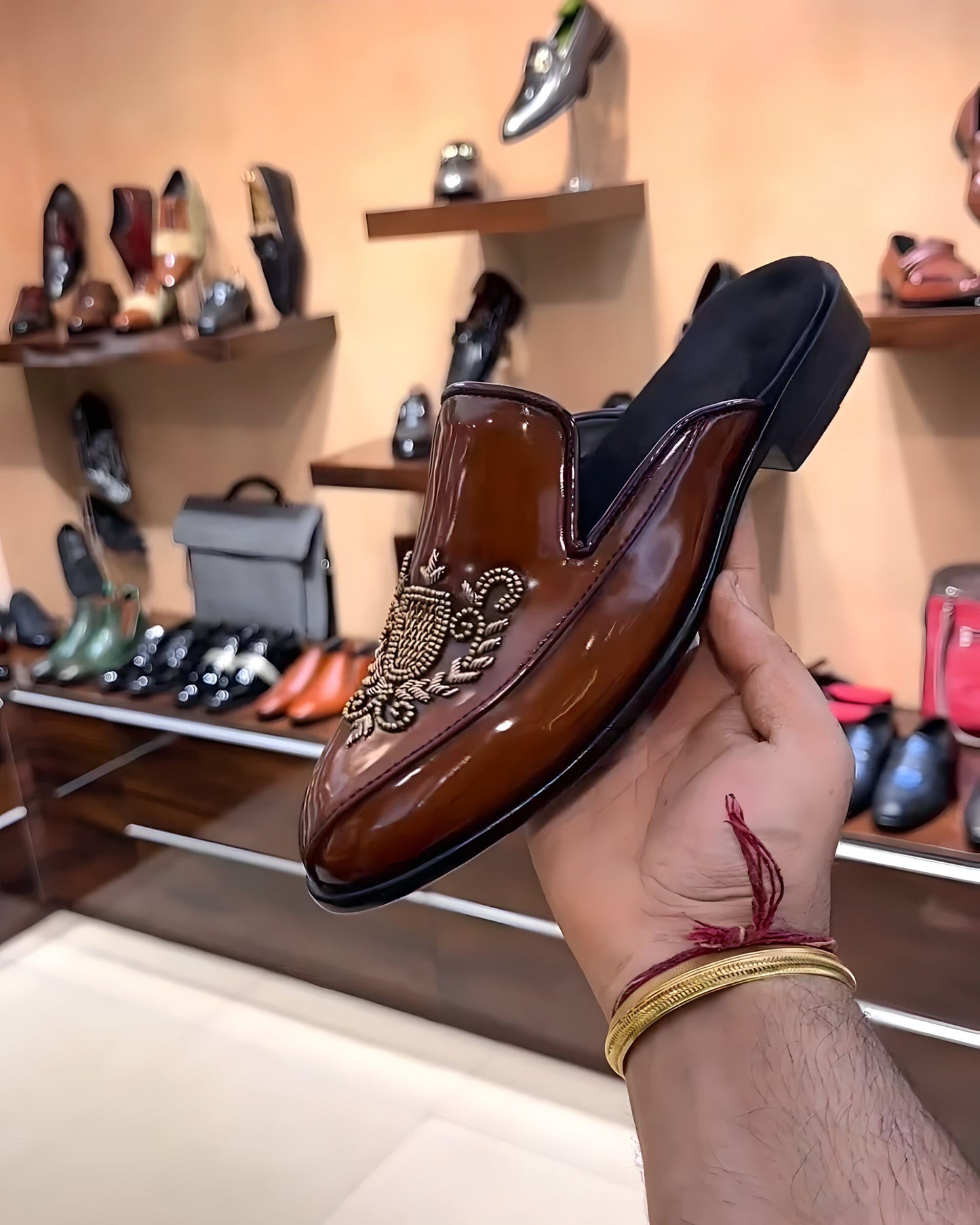 Brown Patina Embroidery Mules