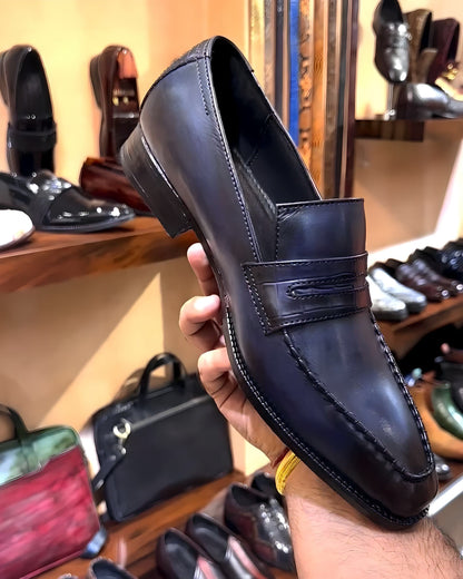 Navy Patina Italian Crust Leather Penny Loafers