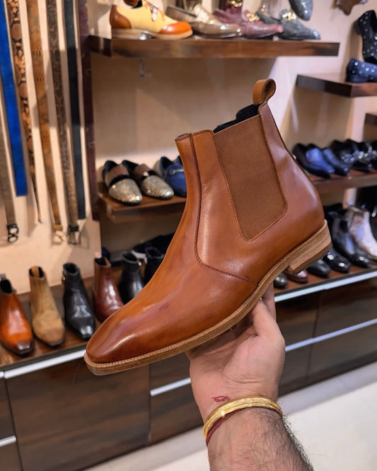 Light Tan Patina Chelsea Boots with Wood Finish Sole