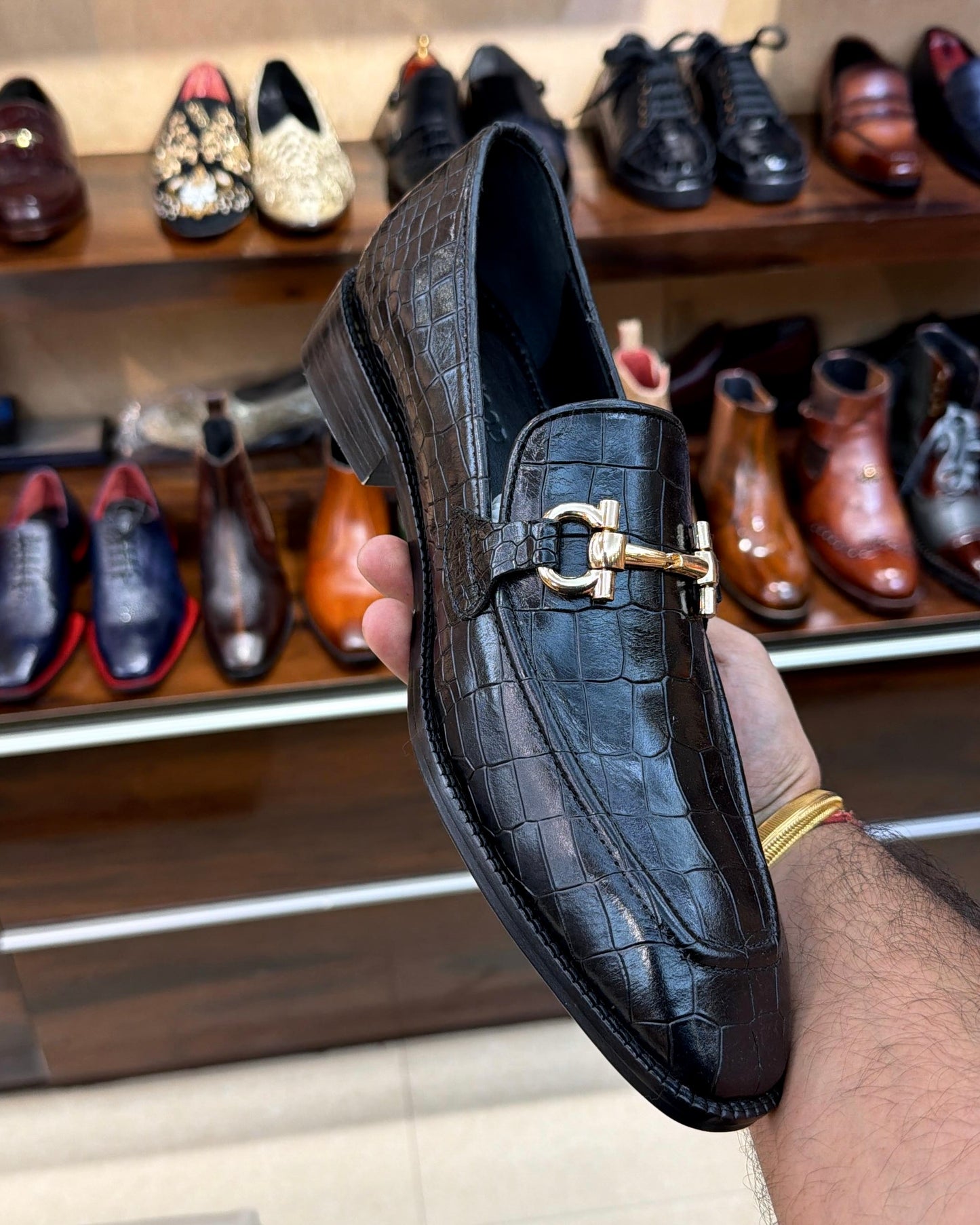 Black Croco Gold Horsebit Square Toe Loafers