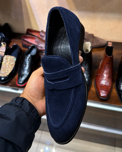 Classic Navy Blue Suede Penny Loafers