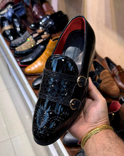 Black Patent Leather Fringe Snake Foil Monk Strap Loafers