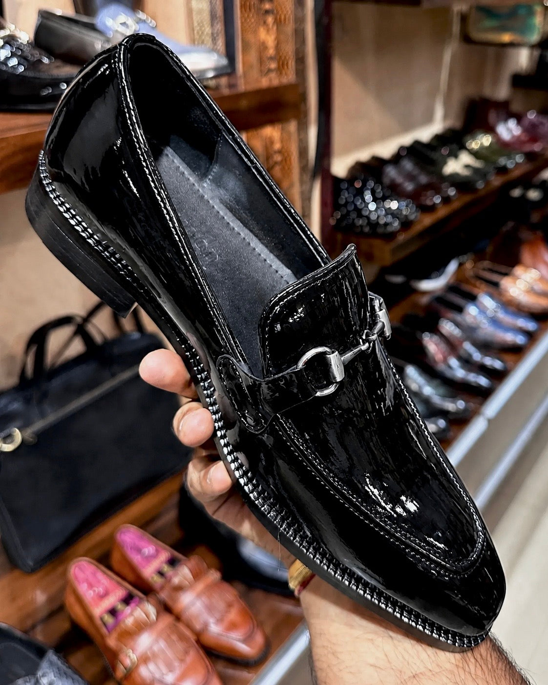 Black Patent Leather Silver Horsebit Loafers With Square Toe