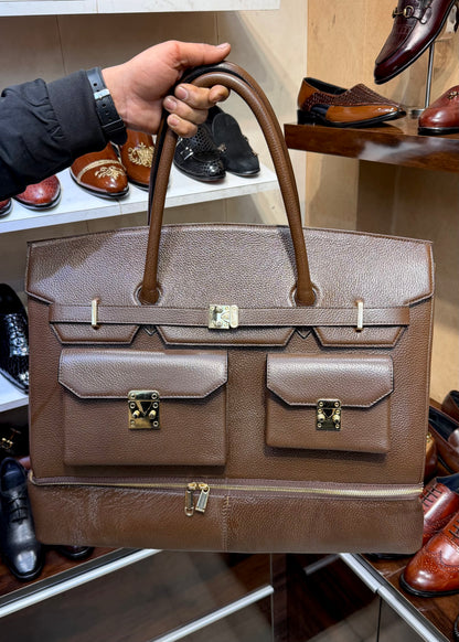 Brown Full Grain Pebble Leather Travel Bag with Bottom Shoe Compartment