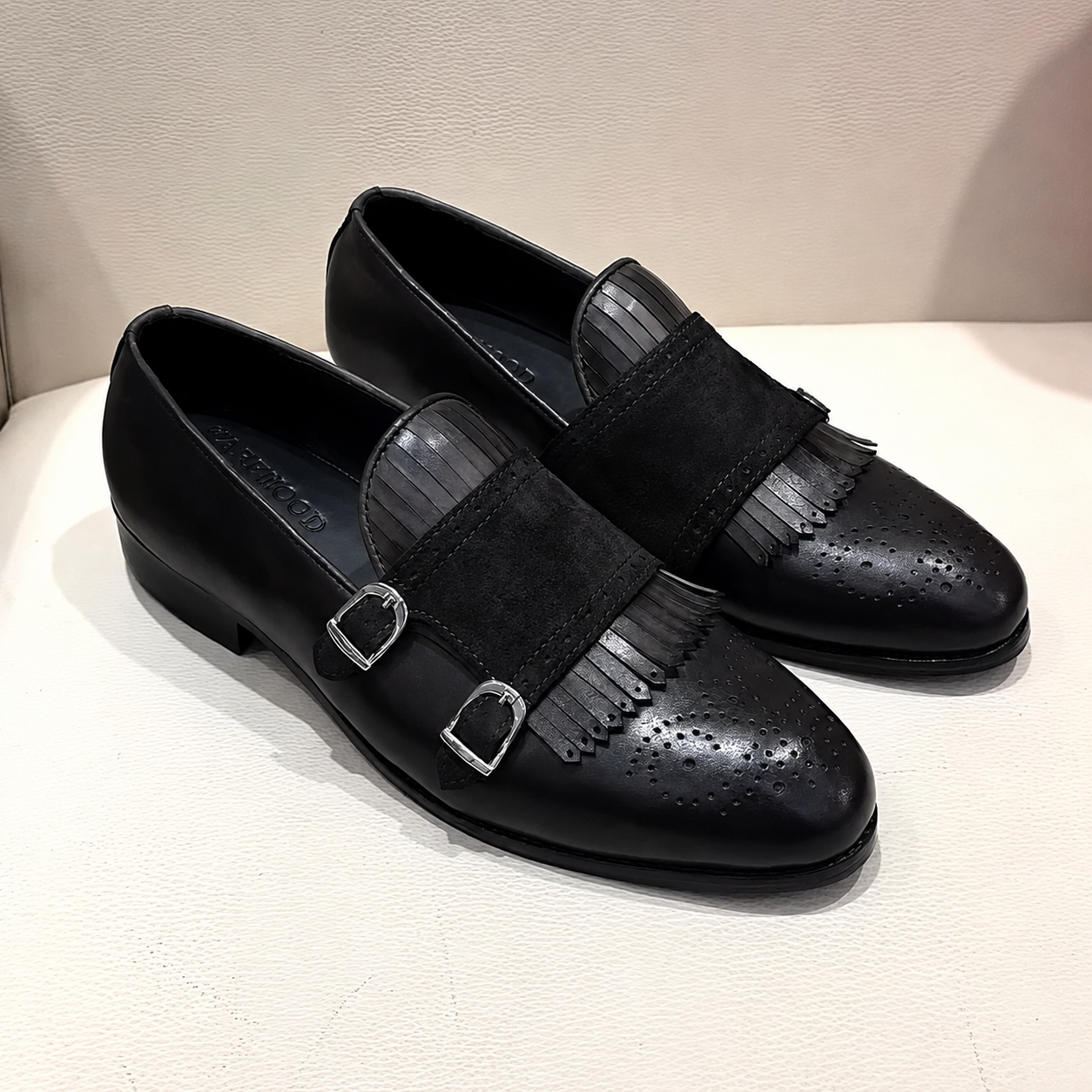 Black Calfskin Leather & Black Suede Fringe Double Monk Strap Loafers