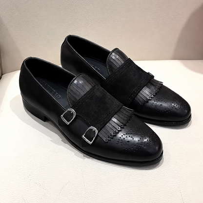 Black Calfskin Leather & Black Suede Fringe Double Monk Strap Loafers