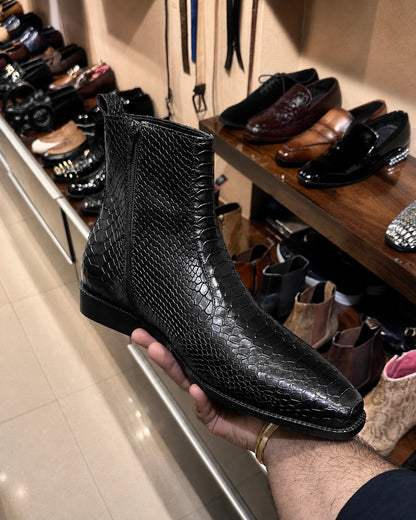 High-top Black Cobra Scaled Boots With Zip
